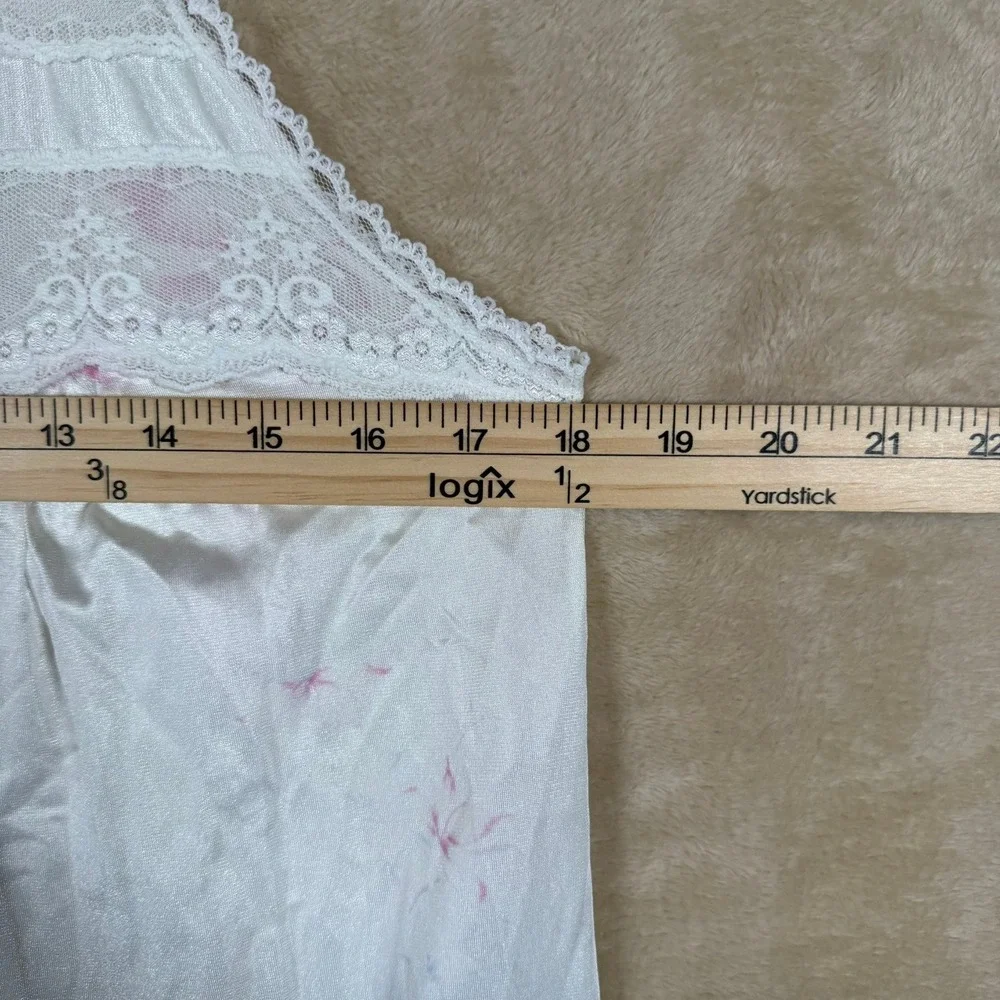 Vintage Deena White Pink Floral‎ Lace Trim Nylon Nightgown Sleep Dress Medium